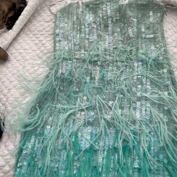 COPY - ANASTASIA SEQUIN FEATHER DRESS - turquoise powder XS - Picture 6 of 9